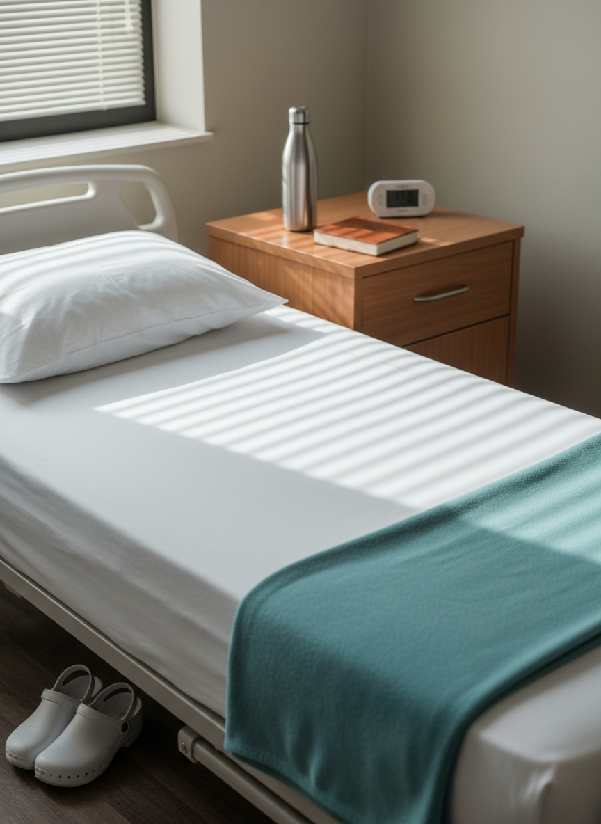 A neatly made hospital on-call room bed with crisp white sheets and a folded teal blanket at the foot, beside a small nightstand holding a closed leather journal, a stainless steel water bottle, and a digital alarm clock glowing softly. A pair of clean nursing clogs is tucked precisely under the bed. Soft, diffused morning sunlight filters through partially closed blinds, casting gentle linear shadows across the bedding. The mood is calm, restorative, and quietly hopeful. Photographic realism with a clean, modern aesthetic, shot at eye level with a shallow depth of field, keeping the bed and bedside objects in sharp focus while the background gently blurs, emphasizing rest and recovery beyond the shift.