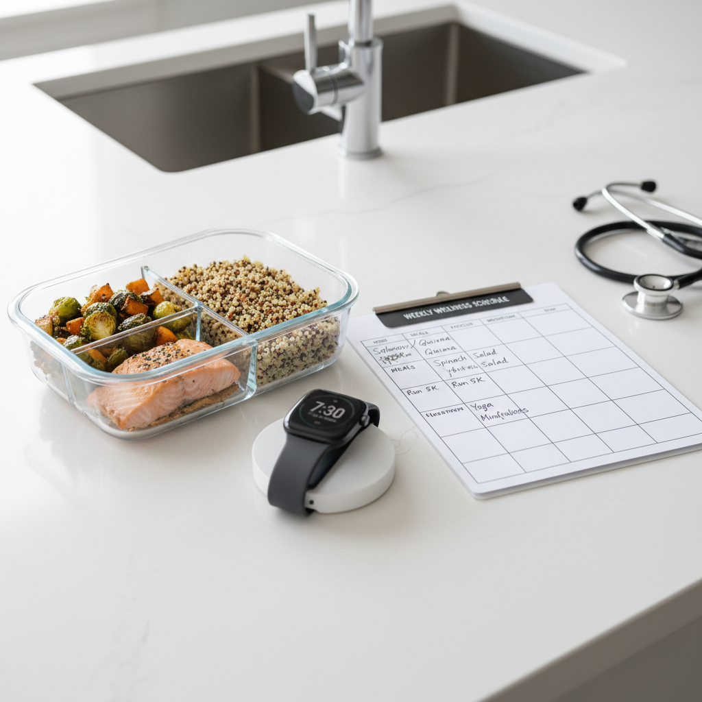 A spotless white kitchen counter with a large, clear glass meal-prep container neatly divided into colorful sections of roasted vegetables, grilled salmon, and quinoa, beside a sleek smartwatch and a laminated weekly wellness schedule. A stethoscope is coiled neatly in the corner, subtly indicating a healthcare setting. Soft overcast daylight streams in from an unseen window, creating natural highlights on the glass and stainless steel fixtures, with very gentle shadows. The mood is organized, proactive, and empowering. Photographic realism with a bright, minimalist style, captured from a slightly elevated angle using the rule of thirds, creating a sense of balance and control around nutrition and time management for nurse wellness.